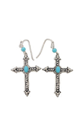 Silver Metal Pointy Cross Earrings Turquoise Blue Beads